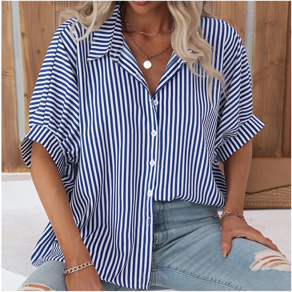 011 Stripes Button Down Boyfriend oversized Shirt - Picture 1 of 10